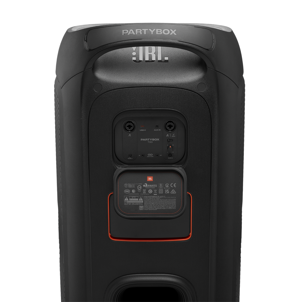 Back view of JBL Partybox 720 speaker showing connection ports and control panel.
