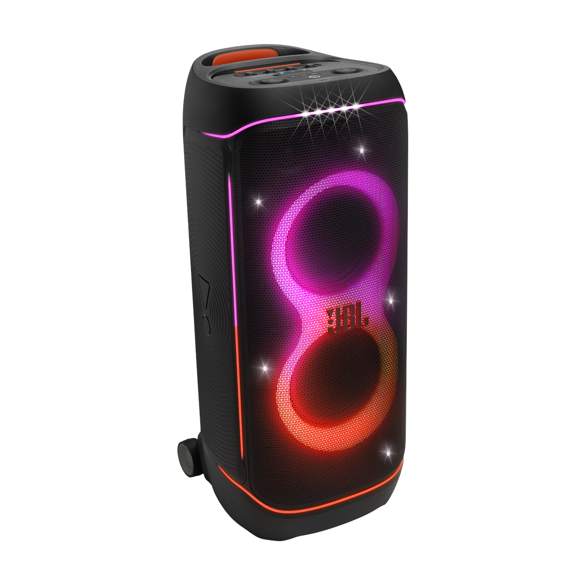 JBL PartyBox 720 speaker with glowing pink and orange LED light rings and black mesh grille, angled view.
