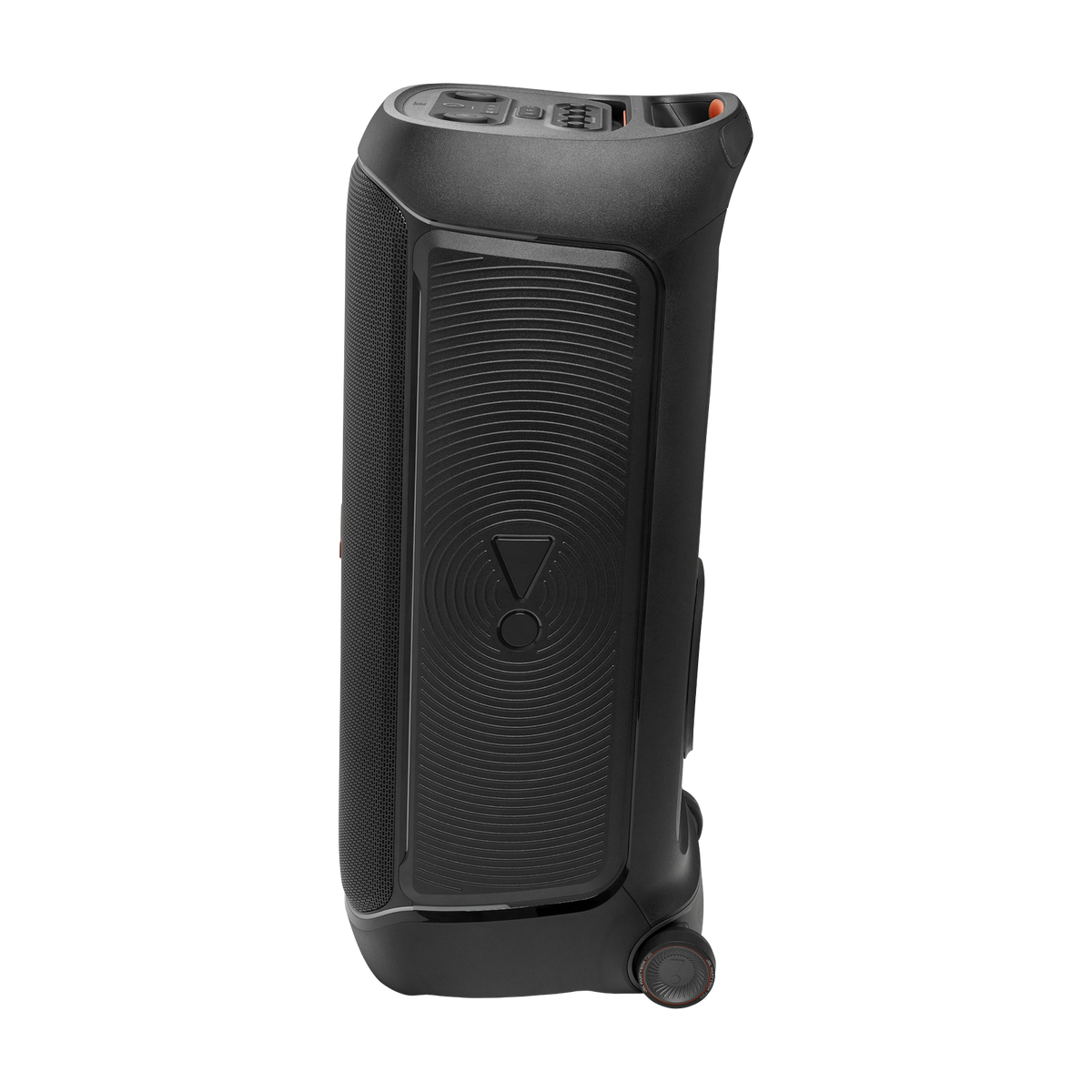 JBL Partybox 720 speaker shown from a side angle highlighting its textured speaker grille and control panel on top.