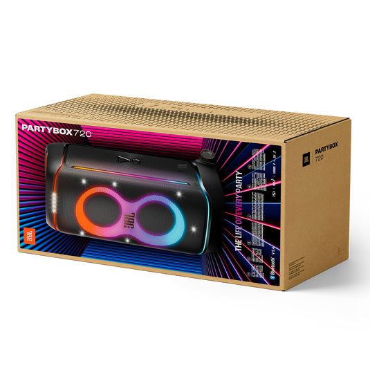 JBL Partybox 720 speaker packaging box showing colorful speaker image and product branding on a cardboard box