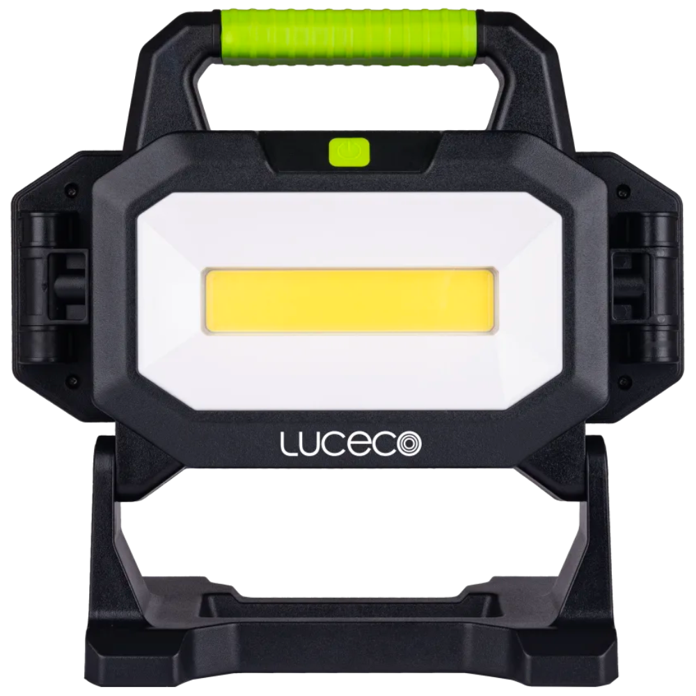 Black and green 18V battery LED triple head worklight with a yellow light panel and Luceco logo on front