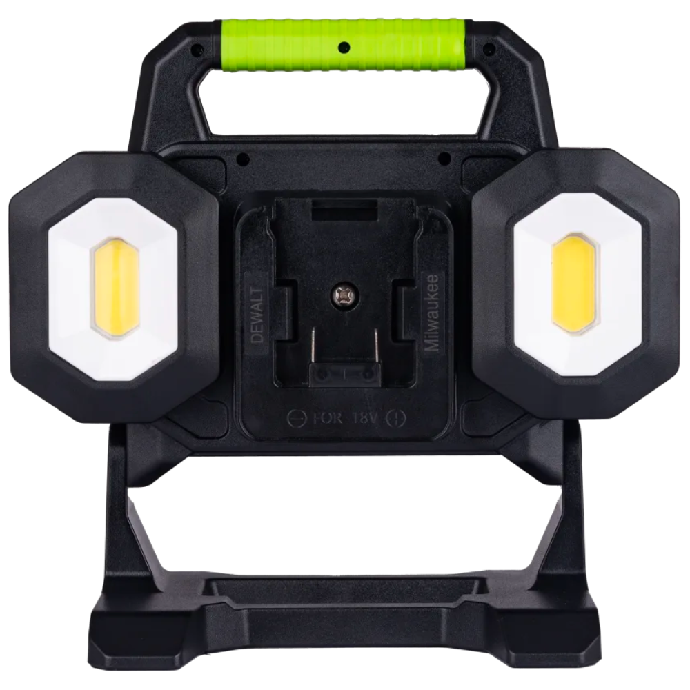 18V Battery LED triple head worklight with black frame and green handle, shown from front angle