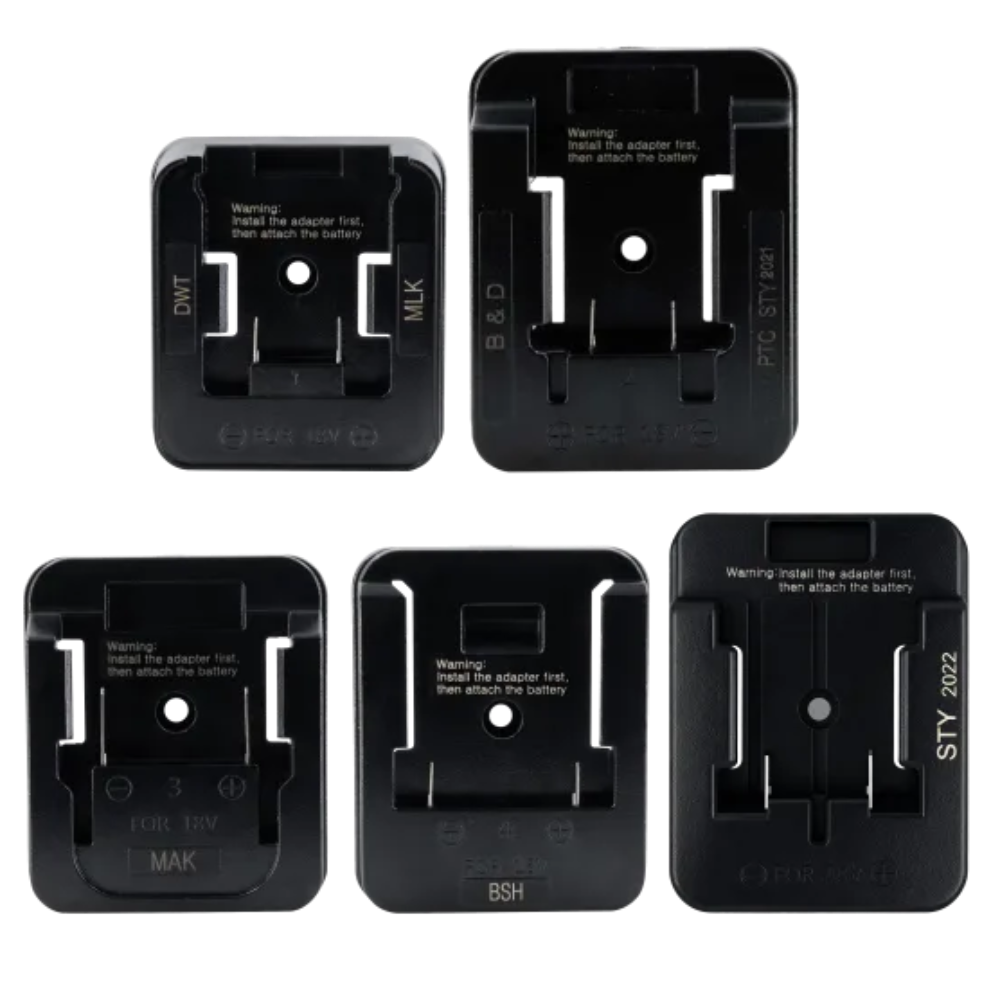 Five black battery adapters for 18V Battery LED Triple Head Worklight with warning text visible on each.