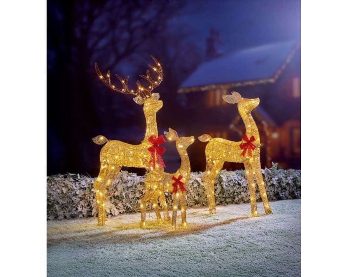Set Of 3 Lit Gold Glitter Fabric Reindeer Family With 210 Warm White Led 76cm-1.1M-1.4M 25716 - Image 1
