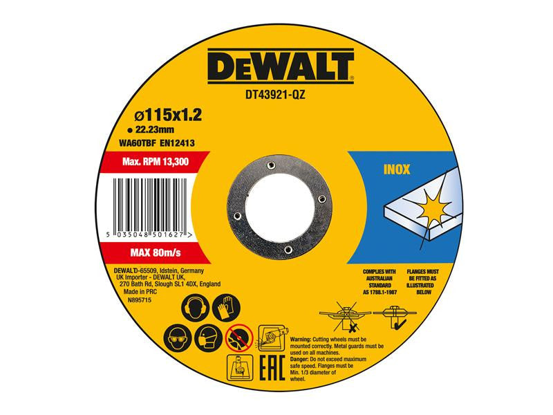 DeWalt DT43921-QZ 115mm metal cut-off disc label with safety icons and specifications on yellow background.