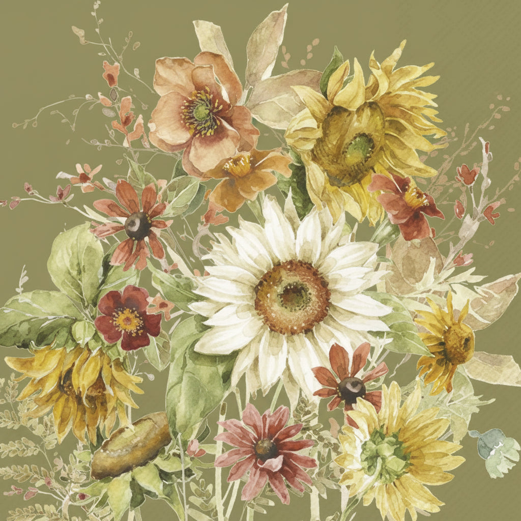 Late Summer Flowers Green Lunch Napkins Keans Claremorris