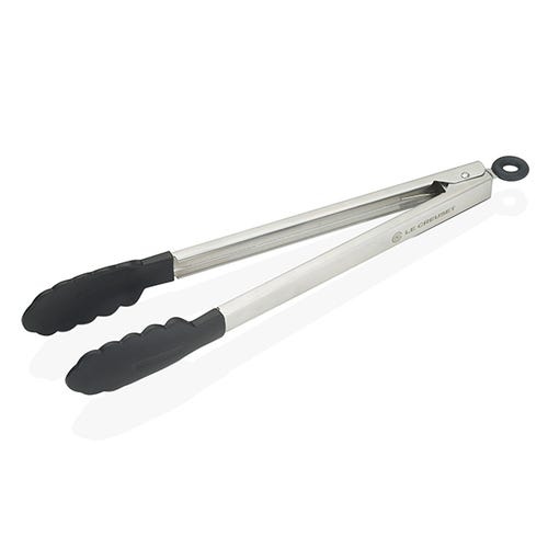 Le Creuset Black Large Stainless Steel Tongs with heat-resistant silicone tips, locking design, dishwasher safe - Keans