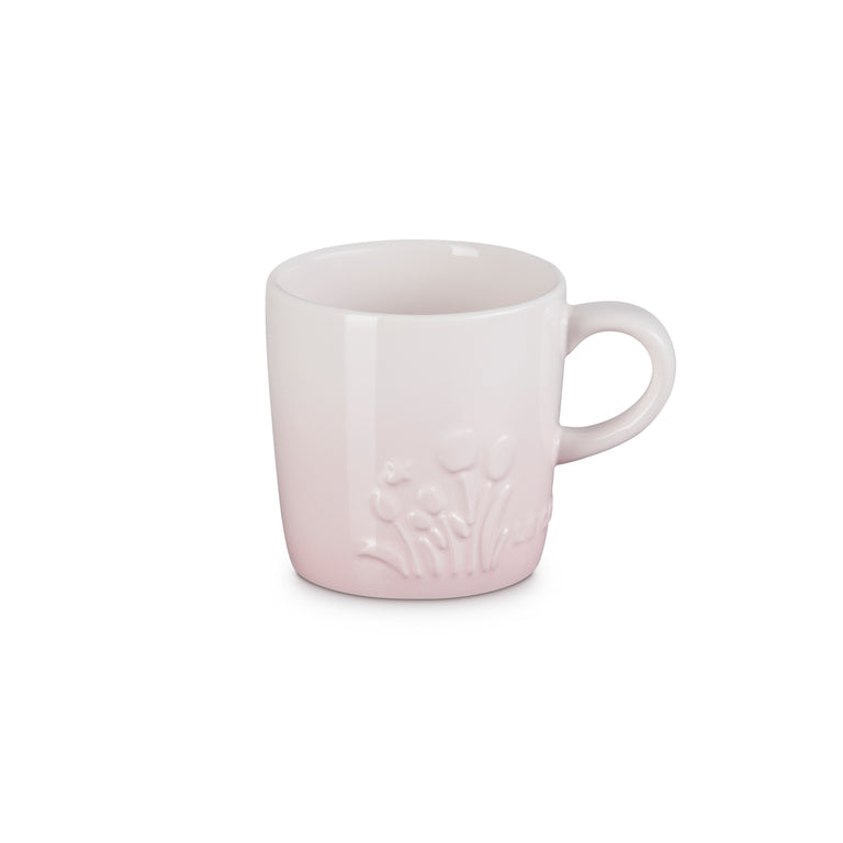 Le Creuset 200ml Shell Pink Cappuccino Mug, durable stoneware, stylish design – available at Keans Claremorris.