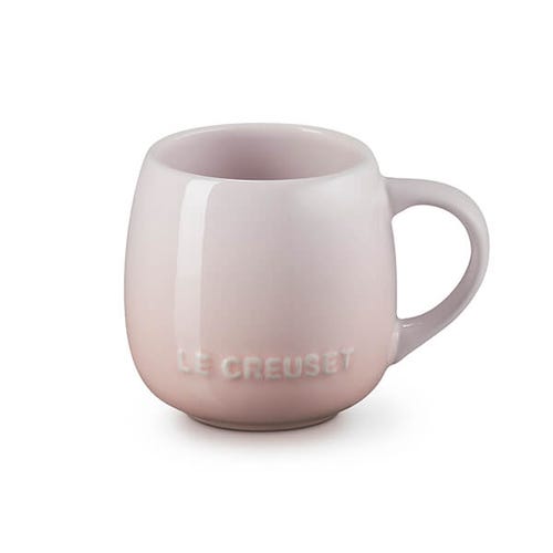 Le Creuset Stoneware Coupe Mug 0.32L in Shell Pink, scratch-resistant, dishwasher safe, durable, from Keans Claremorris.
