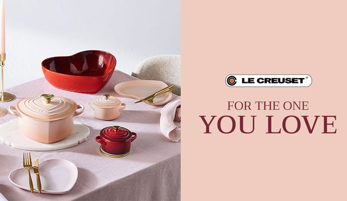 Le Creuset Valentine’s Day cookware collection styled on a romantic dining table in pink and red tones - Keans Claremorris
