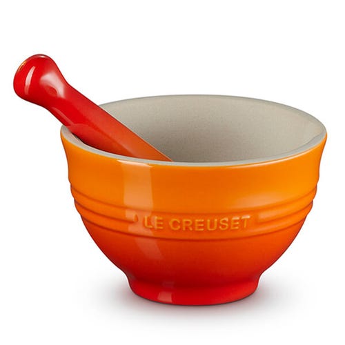 Le Creuset Volcanic Stoneware Pestle & Mortar with unglazed interior, durable enamel, easy grip handle – Keans Claremorris.