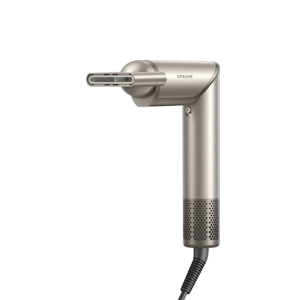 Dreame Dazzle High Speed Hair Dryer in metallic finish with a slim, rectangular nozzle attachment, side view.