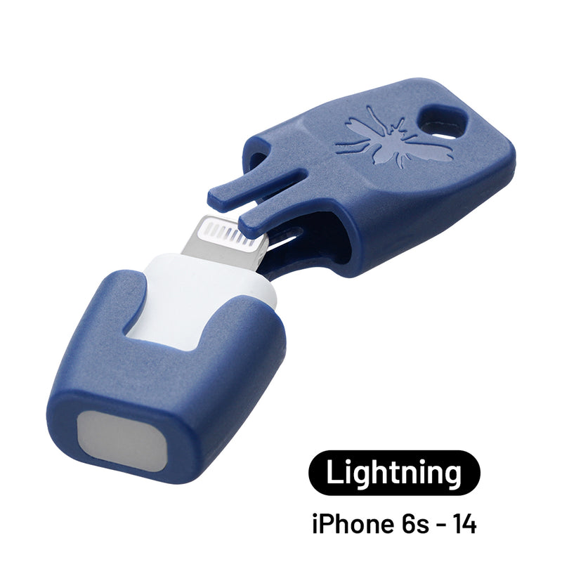 Heat It Classic insect bite healer with navy blue protective cap and Lightning connector exposed