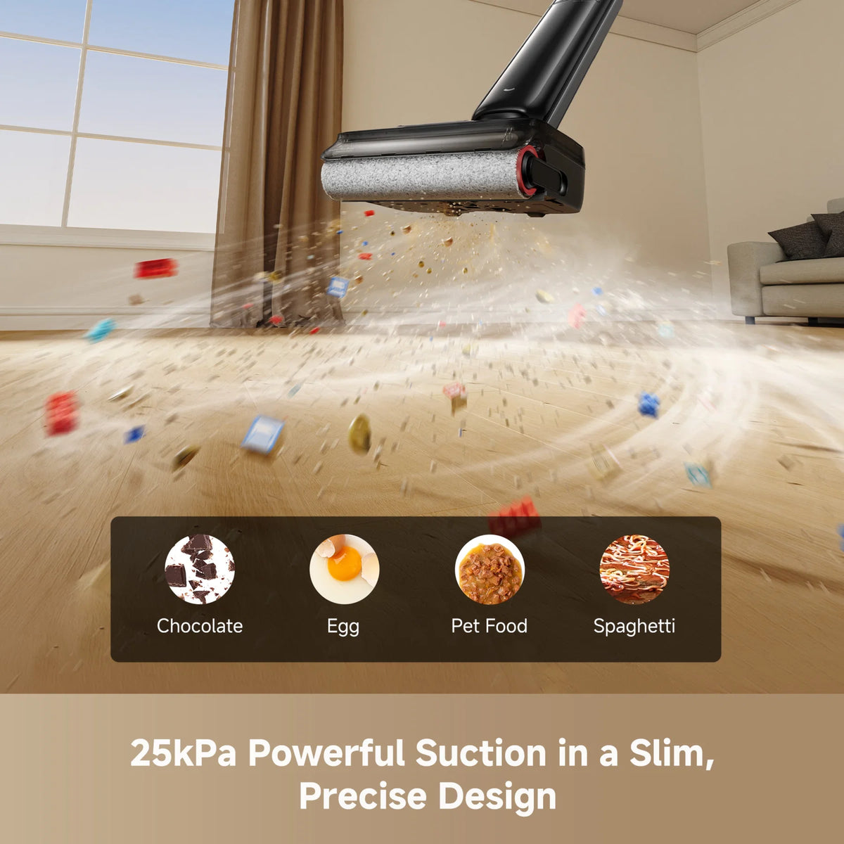 Dreame T12 Pro cordless vacuum head cleaning scattered debris on a wooden floor in a living room.