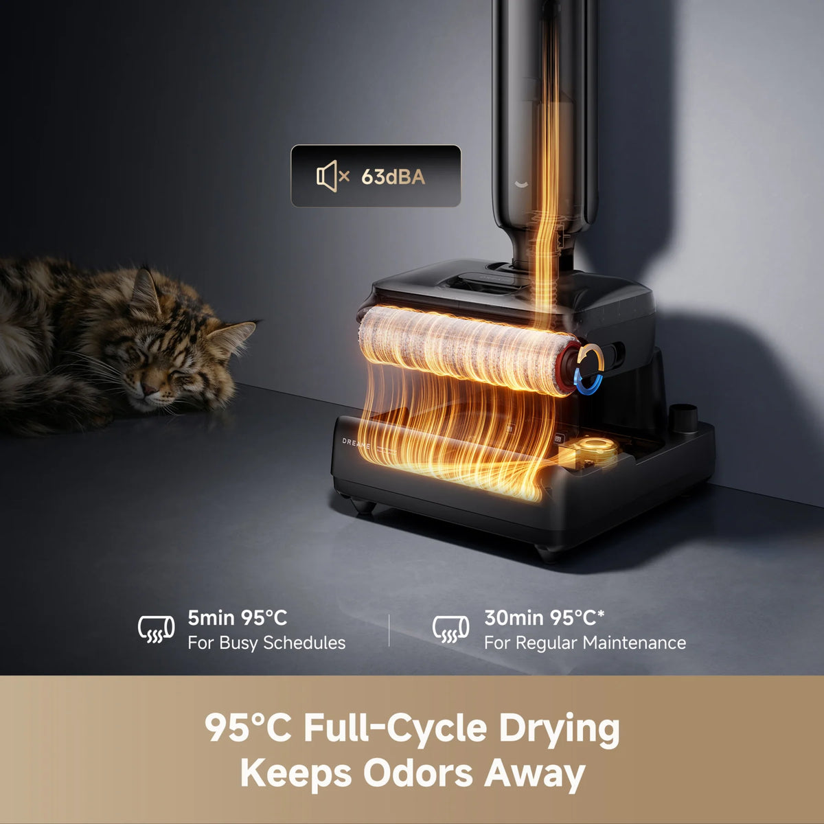 Dreame T12 Pro cordless vacuum on charging dock with airflow animation and sleeping cat nearby