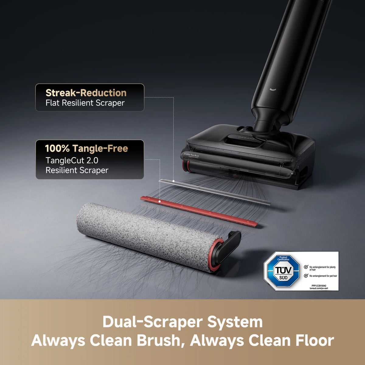 Dreame T12 Pro cordless vacuum head with dual scraper system and detachable roller brush on gray background.