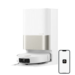 White robot vacuum cleaner with smartphone app icon on a white background