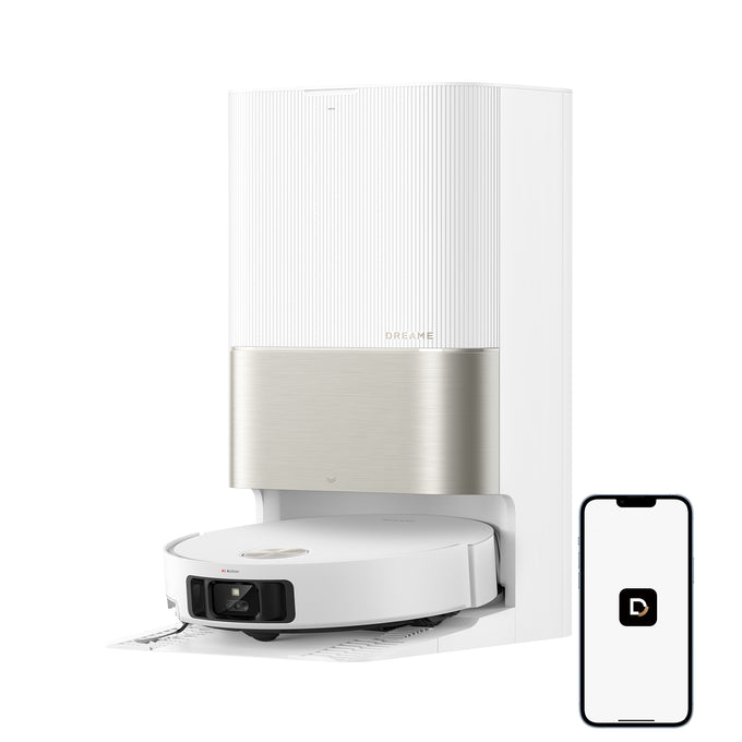 White robot vacuum cleaner with smartphone app icon on a white background