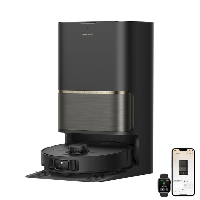 A Dreame robotic vacuum cleaner docked in a smart base station, shown on a clean white background with a smartphone app screen and smartwatch controller in the lower right.