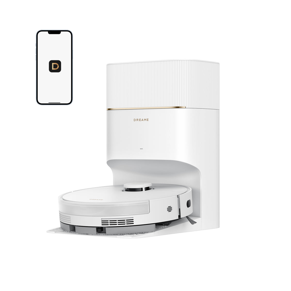 White robot vacuum cleaner with smartphone displaying app icon on a white background
