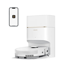White robot vacuum cleaner with smartphone displaying app icon on a white background