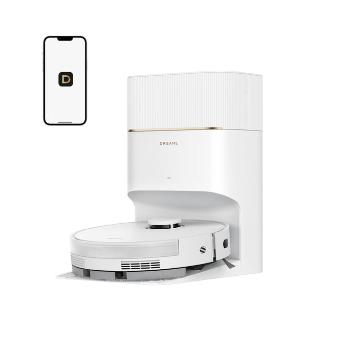 White robot vacuum cleaner with smartphone displaying app icon on a white background