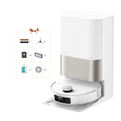 White robot vacuum cleaner with a small inset showing items on a shelf.