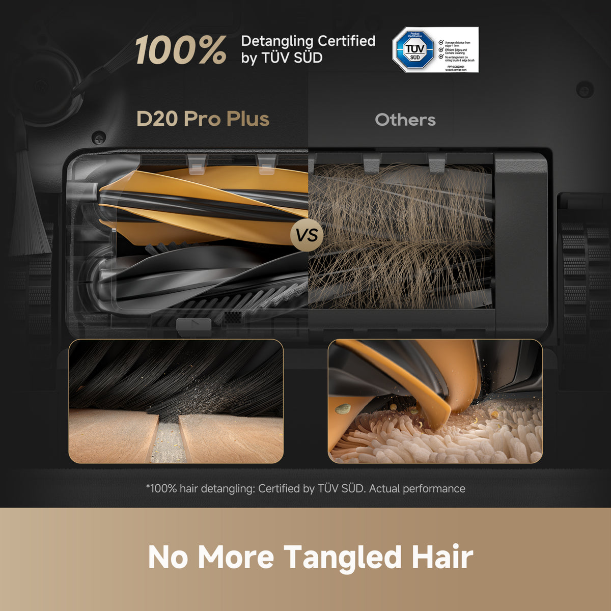 Promotional graphic for the D20 Pro Plus hair detangler, showing a transparent brush head with yellow and black bristles, a 'vs' comparison with tangled brown hair, close-up detail shots, and certification badges including TÜV SÜD.