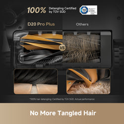 Promotional graphic for the D20 Pro Plus hair detangler, showing a transparent brush head with yellow and black bristles, a 'vs' comparison with tangled brown hair, close-up detail shots, and certification badges including TÜV SÜD.