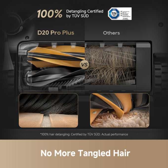 Promotional graphic for the D20 Pro Plus hair detangler, showing a transparent brush head with yellow and black bristles, a 'vs' comparison with tangled brown hair, close-up detail shots, and certification badges including TÜV SÜD.