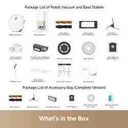 A package list infographic for a robot vacuum and base station, showing many included accessories and documents arranged in a grid on a white background with a beige footer labeled 'What's in the Box'.