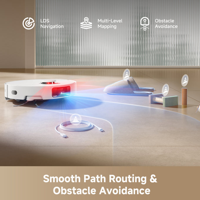 Robotic vacuum cleaner navigating a room with obstacles, featuring LDS navigation and obstacle avoidance technology.