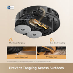 Robotic vacuum cleaner with detailed view of brush system on a beige background
