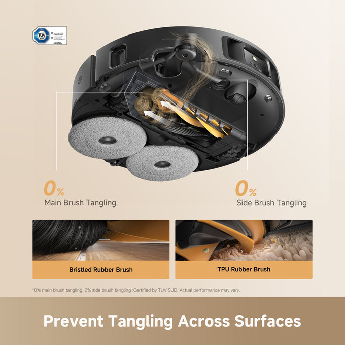 Robotic vacuum cleaner with detailed view of brush system on a beige background