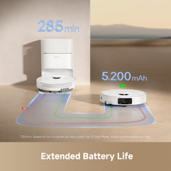 Robotic vacuum cleaner with battery capacity display on a neutral background