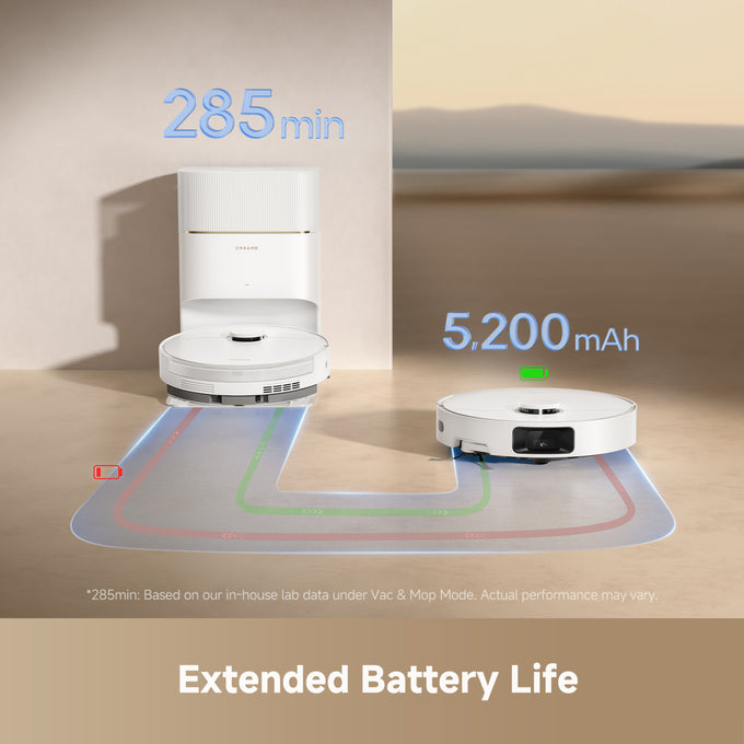 Robotic vacuum cleaner with battery capacity display on a neutral background