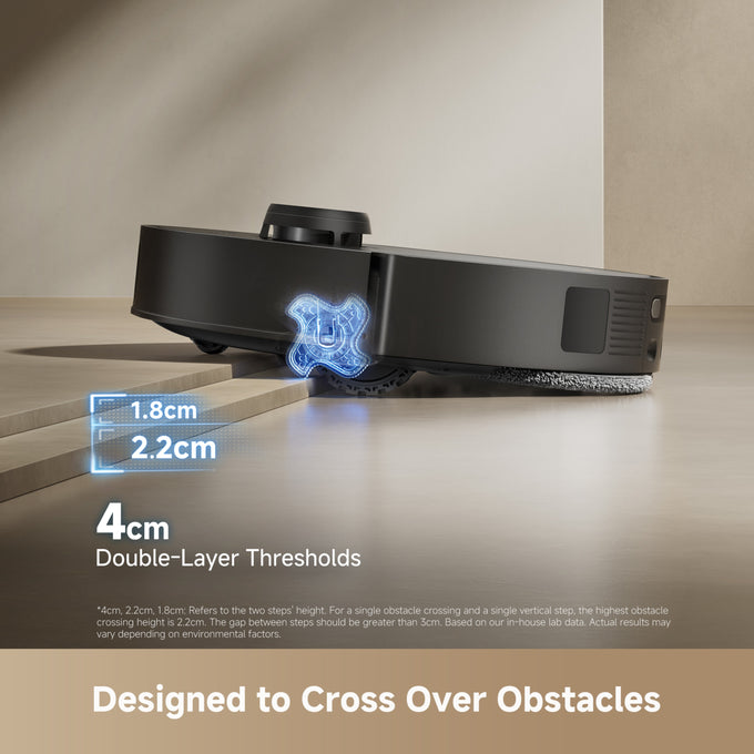 Robotic vacuum cleaner on a surface with dimensions displayed