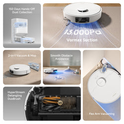A 6-panel promotional collage for a white robotic vacuum cleaner, showing feature callouts including 150 days of dust collection, 13,000 Pa vacuum suction, 2-in-1 vacuum and mop, smooth obstacle avoidance, HyperStream deburring DuoBrush, and flex arm vacuuming.