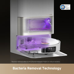 Robotic vacuum cleaner with bacteria removal technology on a dark background