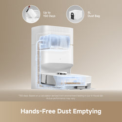 A white robotic vacuum cleaner with a transparent dust bag and visible internal components, shown on a beige gradient background with feature callouts: 'Up to 150 Days,' '5L Dust Bag,' and 'Hands-Free Dust Emptying.'.