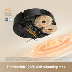 ThermoHub 100°C self-cleaning robot mop shown from an elevated angle with its underside open to reveal heating elements and cleaning brushes, set against a beige background with promotional text and a 100°C heat graphic.