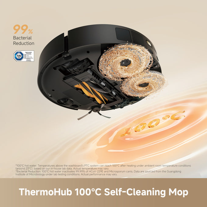 ThermoHub 100°C self-cleaning robot mop shown from an elevated angle with its underside open to reveal heating elements and cleaning brushes, set against a beige background with promotional text and a 100°C heat graphic.