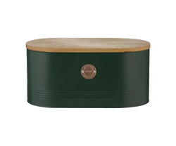Living Green bread bin with ribbed design, bamboo lid, 7.5L capacity, brass badge – stylish kitchen storage by Keans