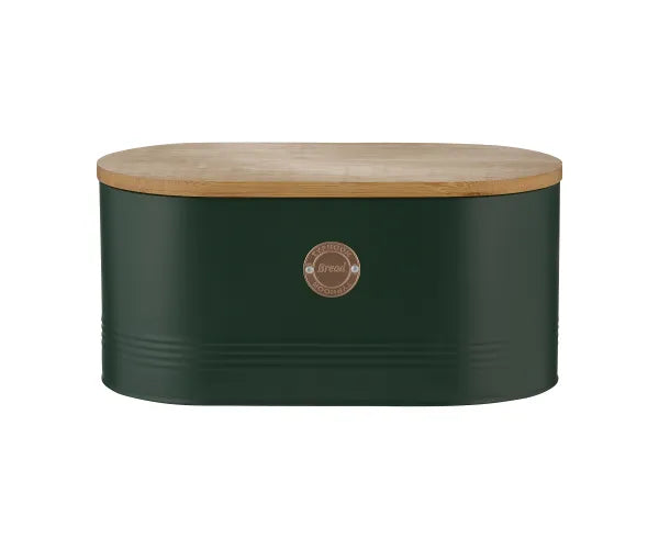 Living Green bread bin with ribbed design, bamboo lid, 7.5L capacity, brass badge – stylish kitchen storage by Keans