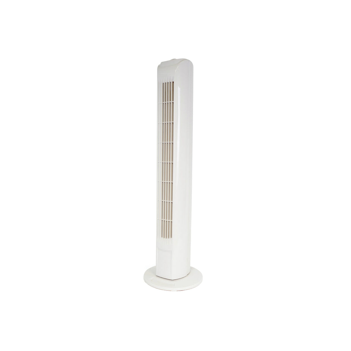 White Lloytron 32'' 45W tower fan with vertical grille and round base on white background