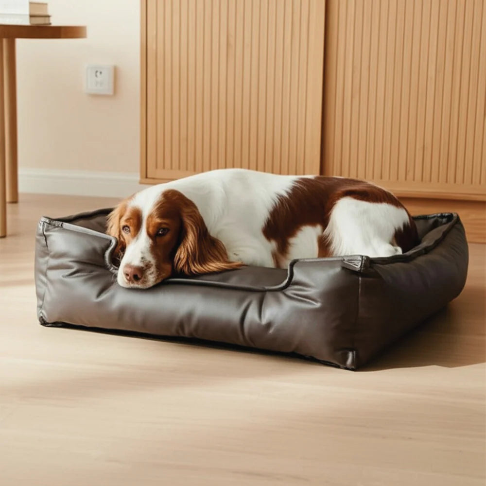 Brown faux leather dog bed with raised sides, featuring a white and brown dog resting inside.