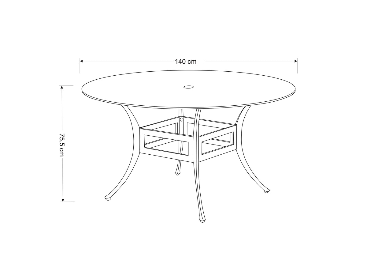 Round outdoor dining table with curved legs and central parasol hole, shown in a line drawing with dimensions.