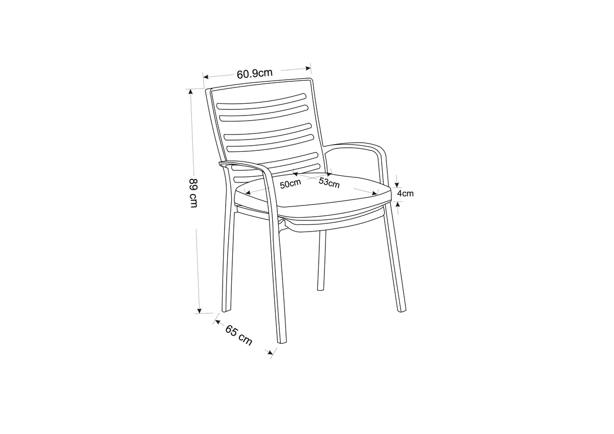 Line drawing with dimensions of a Lyra outdoor dining chair showing height, width, and seat measurements.