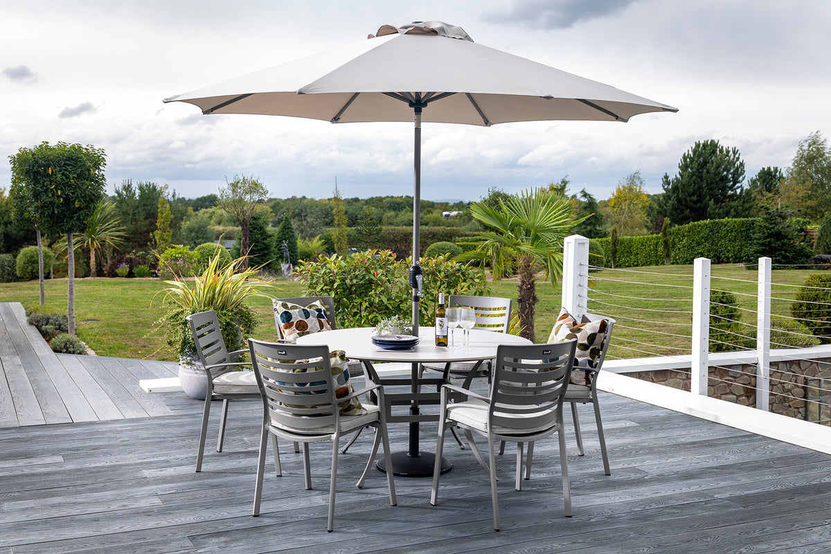 Lyra 6 Seat Round Outdoor Dining Set with Parasol Keans Claremorris
