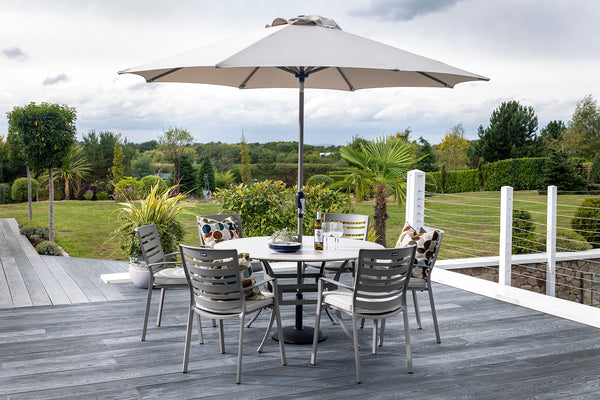 Lyra 6 Seat Round Outdoor Dining Set with Parasol Keans Claremorris